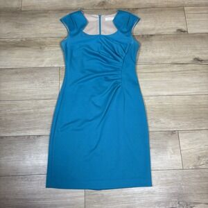 Calvin Klein Side Ruched Teal Blue Midi Sheath Dress Sz 8 Short Sleeve